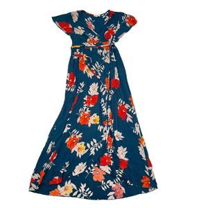 Patrons of Peace Dress XS Green Floral V Neck Waist‎ Tie Maxi Flutter Sleeves